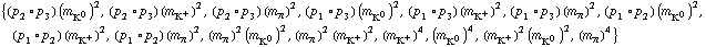 {(p _ 2 &deg; p _ 3) (m _ K^0^(�   ))^2, (p _ 2 &deg; p _ 3) (m _ K^+^(�   ))^2, (p _ 2 &deg; p _ 3) (m _ π^(�   ))^2, (p _ 1 &deg; p _ 3) (m _ K^0^(�   ))^2, (p _ 1 &deg; p _ 3) (m _ K^+^(�   ))^2, (p _ 1 &deg; p _ 3) (m _ π^(�   ))^2, (p _ 1 &deg; p _ 2) (m _ K^0^(�   ))^2, (p _ 1 &deg; p _ 2) (m _ K^+^(�   ))^2, (p _ 1 &deg; p _ 2) (m _ π^(�   ))^2, (m _ π^(�   ))^2 (m _ K^0^(�   ))^2, (m _ π^(�   ))^2 (m _ K^+^(�   ))^2, (m _ K^+^(�   ))^4, (m _ K^0^(�   ))^4, (m _ K^+^(�   ))^2 (m _ K^0^(�   ))^2, (m _ π^(�   ))^4}
