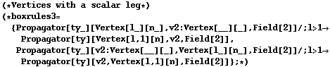 (* Vertices with a scalar leg *) (* boxrules3 = {Propagator[ty_][Vertex[l_][n_], v2 : Vertex[__][_], Field[2]] /; l > 1 -> Propagator[ty][Vertex[l, 1][n], v2, Field[2]], Propagator[ty_][v2 : Vertex[__][_], Vertex[l_][n_], Field[2]] /; l > 1 -> Propagator[ty][v2, Vertex[l, 1][n], Field[2]]} ; *)