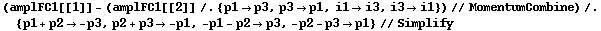 (amplFC1[[1]] - (amplFC1[[2]] /. {p1 -> p3, p3 -> p1, i1 -> i3, i3 -> i1}) // MomentumCombine) /. {p1 + p2 -> -p3, p2 + p3 -> -p1, -p1 - p2 -> p3, -p2 - p3 -> p1} // Simplify