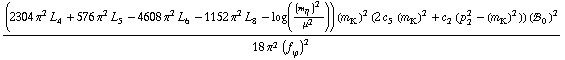 ((2304 π^2 L _ 4^(  ) + 576 π^2 L _ 5^(  ) - 4608 π^2 L _ 6^(  ) - 1152 π^2 L _ 8^(  ) - log((m _ η^(�   ))^2/μ^2)) (m _ K^(�   ))^2 (2 c _ 5^(  ) (m _ K^(�   ))^2 + c _ 2^(  ) (p _ 2^2 - (m _ K^(�   ))^2)) (!, _ 0^(  ))^2)/(18 π^2 (f _ ϕ^(�   ))^2)