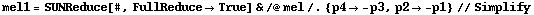 mel1 = SUNReduce[#, FullReduce -> True] & /@ mel /. {p4 -> -p3, p2 -> -p1} // Simplify