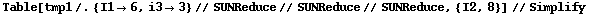 Table[tmp1 /. {I1 -> 6, i3 -> 3} // SUNReduce // SUNReduce // SUNReduce, {I2, 8}] // Simplify