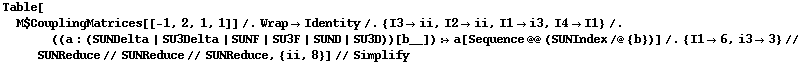 Table[M$CouplingMatrices[[-1, 2, 1, 1]] /. Wrap -> Identity /. {I3 -> ii, I2 -> ii, I1 -> i3, I4 -> I1} /. ((a : (SUNDelta | SU3Delta | SUNF | SU3F | SUND | SU3D))[b__]) :> a[Sequence @@ (SUNIndex /@ {b})] /. {I1 -> 6, i3 -> 3} // SUNReduce // SUNReduce // SUNReduce, {ii, 8}] // Simplify