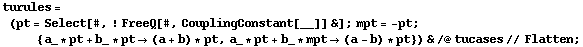turules = (pt = Select[#, ! FreeQ[#, CouplingConstant[__]] &] ; mpt = -pt ; {a_ * pt + b_ * pt -> (a + b) * pt, a_ * pt + b_ * mpt -> (a - b) * pt}) & /@ tucases // Flatten ;
