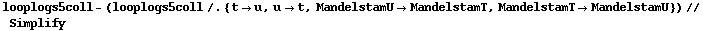 looplogs5coll - (looplogs5coll /. {t -> u, u -> t, MandelstamU -> MandelstamT, MandelstamT -> MandelstamU}) // Simplify