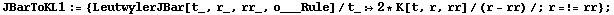 JBarToKL1 := {LeutwylerJBar[t_, r_, rr_, o___Rule]/t_ :> 2 * K[t, r, rr]/(r - rr) /; r =!= rr} ;