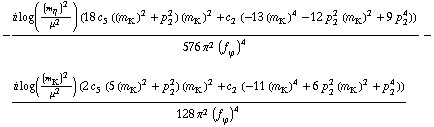 -(i log((m _ η^(�   ))^2/μ^2) (18 c _ 5^(  ) ((m _ K^(�   ))^2 + p _ 2^2) (m _ K^(�   ))^2 + c _ 2^(  ) (-13 (m _ K^(�   ))^4 - 12 p _ 2^2 (m _ K^(�   ))^2 + 9 p _ 2^4)))/(576 π^2 (f _ ϕ^(�   ))^4) - (i log((m _ K^(�   ))^2/μ^2) (2 c _ 5^(  ) (5 (m _ K^(�   ))^2 + p _ 2^2) (m _ K^(�   ))^2 + c _ 2^(  ) (-11 (m _ K^(�   ))^4 + 6 p _ 2^2 (m _ K^(�   ))^2 + p _ 2^4)))/(128 π^2 (f _ ϕ^(�   ))^4)