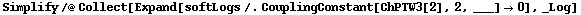 Simplify /@ Collect[Expand[softLogs /. CouplingConstant[ChPTW3[2], 2, ___] -> 0], _Log]