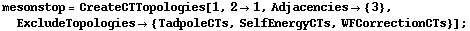 mesonstop = CreateCTTopologies[1, 2 -> 1, Adjacencies -> {3}, ExcludeTopologies -> {TadpoleCTs, SelfEnergyCTs, WFCorrectionCTs}] ;