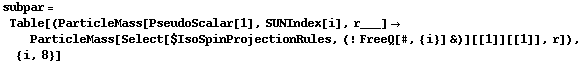 subpar = Table[(ParticleMass[PseudoScalar[1], SUNIndex[i], r___] -> ParticleMass[Select[$IsoSpinProjectionRules, (! FreeQ[#, {i}] &)][[1]][[1]], r]), {i, 8}]