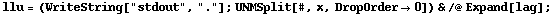 llu = (WriteString["stdout", "."] ; UNMSplit[#, x, DropOrder -> 0]) & /@ Expand[lag] ;
