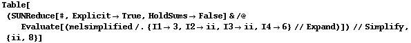Table[(SUNReduce[#, Explicit -> True, HoldSums -> False] & /@ Evaluate[(melsimplified /. {I1 -> 3, I2 -> ii, I3 -> ii, I4 -> 6} // Expand)]) // Simplify, {ii, 8}]