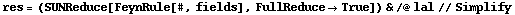 res = (SUNReduce[FeynRule[#, fields], FullReduce -> True]) & /@ lal // Simplify