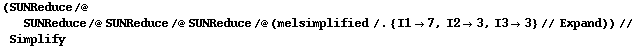 (SUNReduce /@ SUNReduce /@ SUNReduce /@ SUNReduce /@ (melsimplified /. {I1 -> 7, I2 -> 3, I3 -> 3} // Expand)) // Simplify