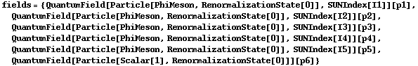 fields = {QuantumField[Particle[PhiMeson, RenormalizationState[0]], SUNIndex[I1]][p1], QuantumField[Particle[PhiMeson, RenormalizationState[0]], SUNIndex[I2]][p2], QuantumField[Particle[PhiMeson, RenormalizationState[0]], SUNIndex[I3]][p3], QuantumField[Particle[PhiMeson, RenormalizationState[0]], SUNIndex[I4]][p4], QuantumField[Particle[PhiMeson, RenormalizationState[0]], SUNIndex[I5]][p5], QuantumField[Particle[Scalar[1], RenormalizationState[0]]][p6]}