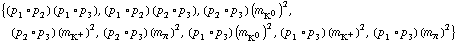 {(p _ 1 &deg; p _ 2) (p _ 1 &deg; p _ 3), (p _ 1 &deg; p _ 2) (p _ 2 &deg; p _ 3), (p _ 2 &deg; p _ 3) (m _ K^0^(�   ))^2, (p _ 2 &deg; p _ 3) (m _ K^+^(�   ))^2, (p _ 2 &deg; p _ 3) (m _ π^(�   ))^2, (p _ 1 &deg; p _ 3) (m _ K^0^(�   ))^2, (p _ 1 &deg; p _ 3) (m _ K^+^(�   ))^2, (p _ 1 &deg; p _ 3) (m _ π^(�   ))^2}