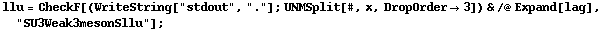 llu = CheckF[(WriteString["stdout", "."] ; UNMSplit[#, x, DropOrder -> 3]) & /@ Expand[lag], "SU3Weak3mesonSllu"] ;