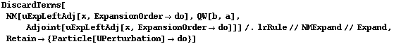 DiscardTerms[NM[uExpLeftAdj[x, ExpansionOrder -> do], QW[b, a], Adjoint[uExpLeftAdj[x, ExpansionOrder -> do]]] /. lrRule // NMExpand // Expand, Retain -> {Particle[UPerturbation] -> do}]