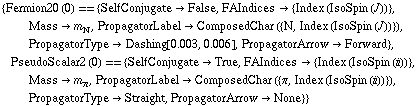 {Fermion20 (0) == {SelfConjugate -> False, FAIndices -> {Index (IsoSpin (J))}, Mass -> m _ N^(  ), PropagatorLabel -> ComposedChar ({N, Index (IsoSpin (J))}), PropagatorType -> Dashing[0.003`, 0.006`], PropagatorArrow -> Forward}, PseudoScalar2 (0) == {SelfConjugate -> True, FAIndices -> {Index (IsoSpin (i))}, Mass -> m _ π^(  ), PropagatorLabel -> ComposedChar ({π, Index (IsoSpin (i))}), PropagatorType -> Straight, PropagatorArrow -> None}}