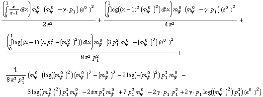 ((Underoverscript[∫, 0, arg3] x/(x - 1) d x) m _ ψ^( 0  ) (m _ ψ^( 0  ) - γ  ·  p _ 1) (e^(0  ))^2)/(2 π^2) + ((Underoverscript[∫, 0, arg3] log((x - 1)^2 (m _ ψ^( 0  ))^2) d x) m _ ψ^( 0  ) (m _ ψ^( 0  ) - γ  ·  p _ 1) (e^(0  ))^2)/(4 π^2) + ((Underoverscript[∫, 0, arg3] log((x - 1) (x p _ 1^2 - (m _ ψ^( 0  ))^2)) d x) m _ ψ^( 0  ) (3 p _ 1^2 m _ ψ^( 0  ) - (m _ ψ^( 0  ))^3) (e^(0  ))^2)/(8 π^2 p _ 1^2) + 1/(8 π^2 p _ 1^2) (m _ ψ^( 0  ) (log((m _ ψ^( 0  ))^2) (m _ ψ^( 0  ))^3 - (m _ ψ^( 0  ))^3 - 2 log(-(m _ ψ^( 0  ))^2) p _ 1^2 m _ ψ^( 0  ) - 3 log((m _ ψ^( 0  ))^2) p _ 1^2 m _ ψ^( 0  ) - 2 i π p _ 1^2 m _ ψ^( 0  ) + 7 p _ 1^2 m _ ψ^( 0  ) - 2 γ  ·  p _ 1 p _ 1^2 + 2 γ  ·  p _ 1 log((m _ ψ^( 0  ))^2) p _ 1^2) (e^(0  ))^2)