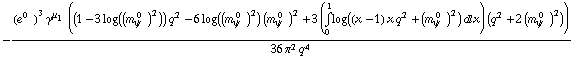 -((e^(0  ))^3 γ^μ _ 1 ((1 - 3 log((m _ ψ^( 0  ))^2)) q^2 - 6 log((m _ ψ^( 0  ))^2) (m _ ψ^( 0  ))^2 + 3 (Underoverscript[∫, 0, arg3] log((x - 1) x q^2 + (m _ ψ^( 0  ))^2) d x) (q^2 + 2 (m _ ψ^( 0  ))^2)))/(36 π^2 q^4)