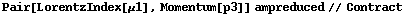 Pair[LorentzIndex[μ1], Momentum[p3]] ampreduced // Contract