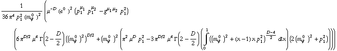 1/(36 π^4 p _ 1^2 (m _ ψ^( 0  ))^2) (μ^(-D) (e^(0  ))^2 (p _ 1^μ _ 1 p _ 1^μ _ 2 - g^(μ _ 1  μ _ 2) p _ 1^2) (6 π^(D/2) μ^4 Γ(2 - D/2) ((m _ ψ^( 0  ))^2)^(D/2) + (m _ ψ^( 0  ))^2 (π^2 μ^D p _ 1^2 - 3 π^(D/2) μ^4 Γ(2 - D/2) (Underoverscript[∫, 0, arg3] ((m _ ψ^( 0  ))^2 + (x - 1) x p _ 1^2)^(D - 4)/2 d x) (2 (m _ ψ^( 0  ))^2 + p _ 1^2))))